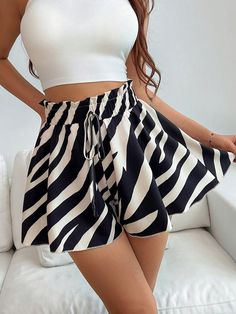 Women's Zebra Print Tie-Waist Shorts With A-Line Loose Fit Black and White Casual   Fabric Colorblock,Striped,All Over Print Track Shorts Non-Stretch  Women Clothing, size features are:Bust: ,Length: ,Sleeve Length: Tie Waist Shorts, Holiday Beach, Loose Shorts, Printed Ties, Kids Beachwear, White Casual, Cinched Waist, Summer Shorts, Zebra Print