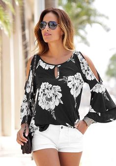 Floral Cold Shoulder Top from LASCANA Vacation Outfit Ideas, Cutout Shirts, Outfit Ideas Casual, Vacation Outfit, Loose Blouse, Floral Print Tops, Cold Shoulder Top, Beach Shorts, Long Sleeve Casual