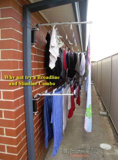 clothes are hanging outside on a clothesline near a brick wall with the words, why not try broadcasting and slimmer combo