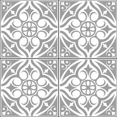 four square tile designs in grey and white, each with an ornate design on the side