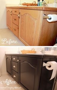 before and after photos of a bathroom vanity with toilet paper on the sink counter top