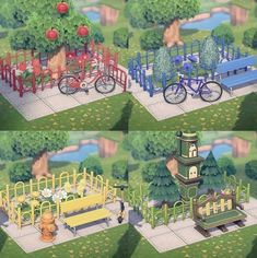 several different types of park benches, trees, and bicycles in various stages of development