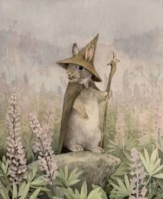 a painting of a cat wearing a hat and holding a stick sitting on top of a rock