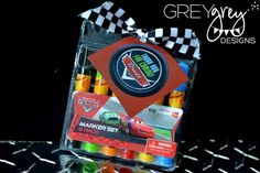 cars birthday party favors with markers and crayons