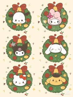 hello kitty christmas wreaths with bows and other decorations on them, all in different colors