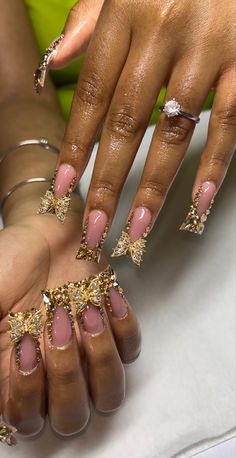 Cute Blinged Out Acrylic Nails, Gold And Pink Prom Dress, Gold Diamond French Tip Nails, 24th Birthday Dress, Medium Bling Nails, 24th Birthday Nails, Pink And Gold Prom Dress, 19th Birthday Photoshoot Ideas, Gold Photoshoot Ideas