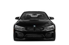 the front end of a black bmw m4 convertible car on a white background with no people