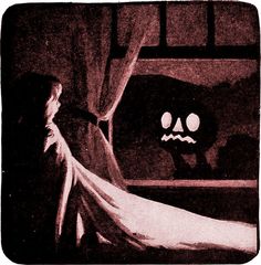 a woman standing in front of a window next to a ghost