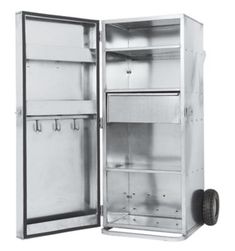 an open metal refrigerator with wheels on the side