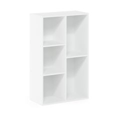 a white bookcase with three shelves on each side