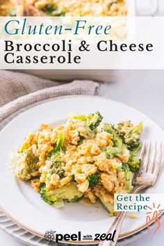 broccoli and cheese casserole on a white plate