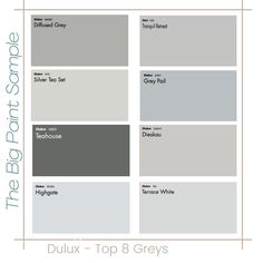 Our Dulux top selling greys: Diffuesd Grey, Tranquil Retreat, Silver Tea Set, Grey Pail, Teahouse, Terrace White, Deiskau, Highgate Gray And White House Exterior, Dulux Grey Paint, Dulux Paint Colours