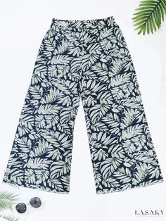 Lasaky - Womens Plus-Size Boho Pants: Leaf Print Waistband, High-Waist, Wide-Leg and Loose Fit Wide Leg Capris For Beach, Green Ankle-length Beach Bottoms, High-waist Green Capris For Summer, High Waist Green Capris For Summer, Green Summer Capris With Elastic Waistband, Boho Pants, Drawstring Pants, Leaf Print, Leaf Prints