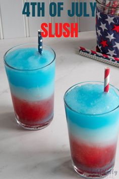 two glasses filled with red, white and blue liquid