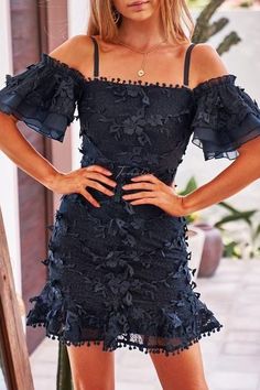 Beatrice Dress - Navy | JAUS Sisters The Label, Bra Models, Dress Bra, Navy Blue Dresses, Off Shoulder Dress, Lace Dress, Skirt Set, New Dress, Off The Shoulder