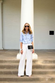 Blue Shirt White Pants Outfit, Wide White Pants Outfit, White Formal Pants Outfit, Blue Wide Leg Pants Outfit, Wide Leg Linen Pants Outfit, How To Wear Linen Pants, White Wide Leg Pants Outfit, Wide Leg Pants Outfit Summer, White Pants Outfit Summer