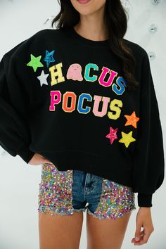 HOCUS POCUS BLACK PULLOVER PULLOVER Judith March Fun Multicolor Sweatshirt For Fall, Fun Multicolor Fall Sweatshirt, Black Letter Print Fun Sweatshirt, Star Patches, Pink Ghost, Judith March, Cast A Spell, Rainbow Star, Black Pullover