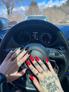 Red And Black Acrylic Nails Designs Ideas, Red Black Matte Nails, Black Nail Inspiration Acrylic, One Hand Red One Hand Black Nails, Half Black Half Red Nails, Red Black Almond Nails, Red Or Black Nails, Black Acrylic Nails Ideas Almond, Black And Red Nails Almond Shape