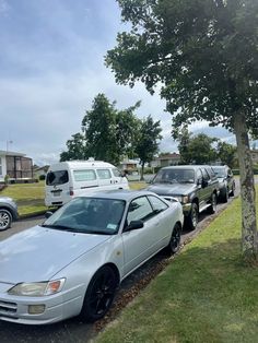 several cars parked in a parking lot next to a tree and some grass on the ground