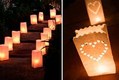 some paper bags with hearts on them are lit up by candles in the shape of heart