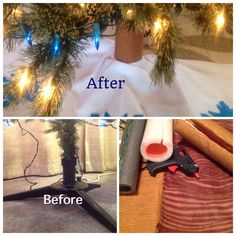 before and after photos of a christmas tree being decorated with blue lights, the bottom photo shows how it's done