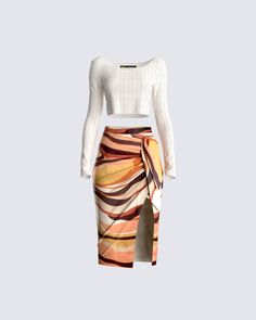 A whole baddie fit 🤤 Keeping it sexy AND classy with our abstract print midi skirt and ivory top. OK miss fashion icon Strapless Ruffle Dress, Cute Clothing Stores, Fast And Slow, Dress Gloves, Printed Midi Skirt, Fashion Icon, Cute Summer Outfits, Cute Casual Outfits, Slow Fashion