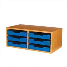 a wooden storage unit with blue drawers