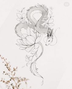 a black and white drawing of a dragon with flowers on it's back side