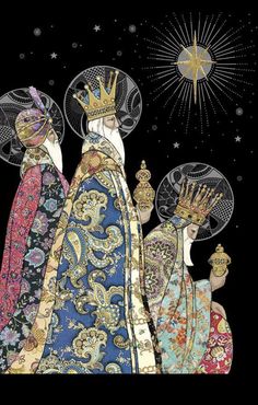 three women in colorful dresses and hats with stars above them, one wearing a crown