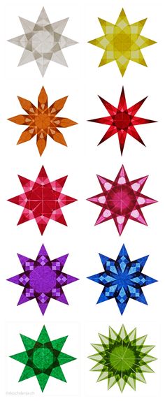 six different colored stars on a white background