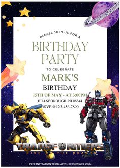 a birthday party flyer with two robots and stars in the sky, on top of a white