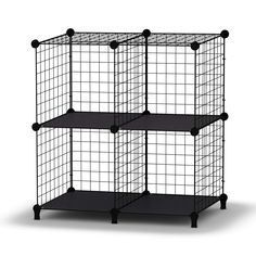 three shelves with black wire on each side and one shelf is open to show the same item