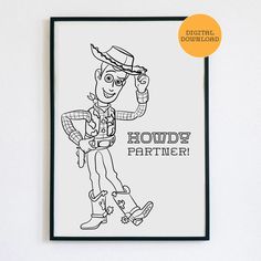 a black and white drawing of woody from toy story coloring book with the words woody partner on it