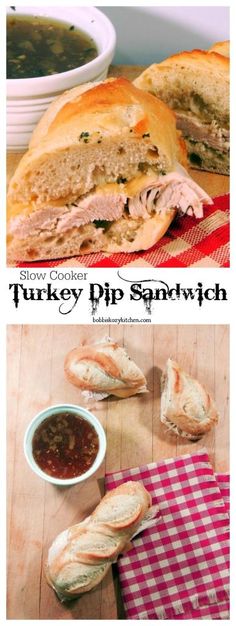 two pictures showing different types of sandwiches and dipping sauces on the side, with text overlay that reads slow cooker turkey pip sanwich