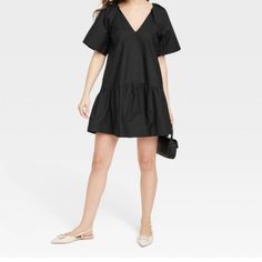 Flutter Short-Sleeve Mini Dress Cotton Poplin Fabric Deep V-Neckline Inside Pocket Pull-On Style Black Flutter Sleeve Mini Dress For Spring, Black Mini Dress With Flutter Sleeves For Spring, Black Cotton V-neck Mini Dress, Cotton Poplin Fabric, Poplin Dress, Short Sleeve Mini Dress, Dress Cotton, Dresses Women, Poplin Fabric