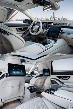 the interior of a luxury car with all white leather seats and dashboards, including electronic devices