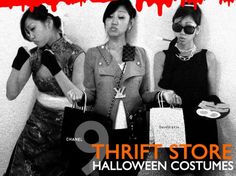 three women standing next to each other with bags in their hands and the words thrift store halloween costumes on them