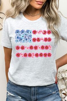 Flower USA Flag Graphic T-shirt. Unisex Crew Neck Short Sleeves 100%COTTON HEATHER(52%COTTON,48%POLY) ATH.HEATHER,BLACK HEATHER(90%COTTON,10%POLY) Imported Size Measurement (inch): S: 36.0 (Bust), 18.0 (Waist), 18.0 (Hips), 28.0 (Length) M: 40.0 (Bust), 20.0 (Waist), 20.0 (Hips), 29.0 (Length) L: 44.0 (Bust), 22.0 (Waist), 22.0 (Hips), 30.0 (Length) XL: 48.0 (Bust), 24.0 (Waist), 24.0 (Hips), 31.0 (Length) Gray Tops With Sublimation Print For Summer, White T-shirt With American Flag Print For Spring, Casual Gray Tops With Floral Print, Summer Gray Floral Print Tops, Gray Floral Print Summer Tops, Casual Gray Floral Print Tops, Gray Floral Print Tops For Summer, Spring American Flag Print Relaxed Fit Tops, American Flag Print Relaxed Fit Tops For Spring