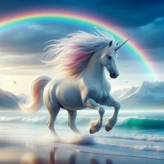 a unicorn running on the beach with a rainbow in the background