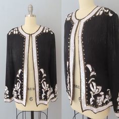 "Vintage 80's silk sequined cardigan top. Inky black silk with sparkly black, white and bronze floral beaded sequin design. Can be worn open or closed, it hooks at the neck and all the way down. Lined with shoulder pads that can be removed if wanted. Gorgeous top for some added sparkle. Fits a size large but please see below for measurements. MEASUREMENTS--Taken with garment laying flat and tied in the back, in inches, NOT doubled: Bust: 40\" Waist: 42\" Shoulders: 15\" Sleeves: 24.5\" Length: 27\"  Label/ Era: Scala | 1980 Made in India Fabric: Silk, polyester, sequins, beads Condition: Great condition. No known issues. ★ Shop entire shop here: https://www.etsy.com/shop/retrosuzysvintage Instagram | retrosuzysvintage Facebook | retrosuzysvintage" Spring Formal Beaded Tops, Pink Cowboy Boots, Formal Top, Pink Cowboy, India Fabric, Formal Tops, Sequin Cardigan, Sequin Design, Holiday Tops