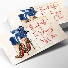 two thank cards with high heeled shoes and blue flowers on them, one is for someone's special occasion