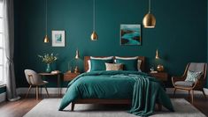 a bedroom with teal walls and wooden furniture, including a bed covered in a green comforter