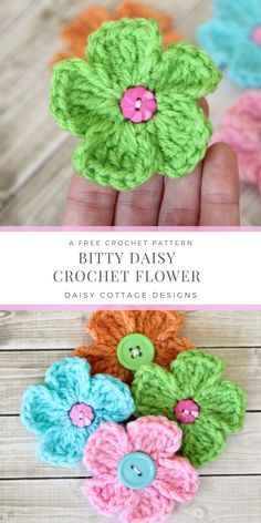 crochet daisy flower brooch pattern in three different colors with text overlay that says,'pretty daisy crochet flower '