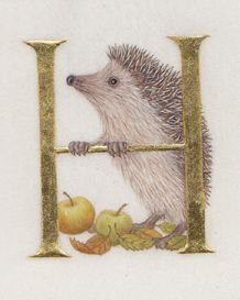 a hedgehog holding onto the letter h with apples and leaves on it's side