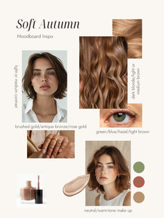 Do you have soft brown hair, warm hazel eyes, and a peachy-beige undertone? Soft Autumn is all about muted, harmonious tones. Dive into this color palette and elevate your wardrobe with the perfect shades. Soft Autumn Hazel Eyes, Soft Autumn Hair Color Palette, Soft Autumn Eyes, Best Hair Color For Soft Autumn, Soft Autumn Color Palette Hair, Warm Autumn Hair Color, Warm Autumn Color Palette Outfits, Soft Autumn Hair Color, Soft Autumn Aesthetic