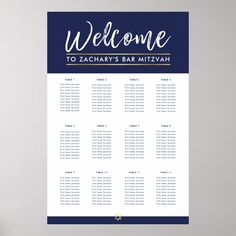 a blue and white sign that says welcome with the names of guests on it, in front of a white background