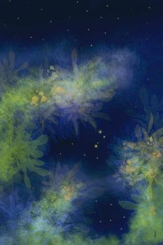 an abstract painting of green and blue flowers against a dark background with stars in the sky