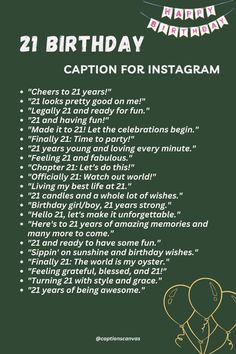 a green birthday card with the words, 21st birthday caption for instagramm