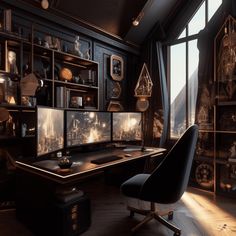 a computer desk sitting in front of a window with lots of shelves and clocks on it