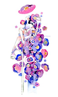 a drawing of a woman sitting on top of a purple flowered pole with an umbrella over her head